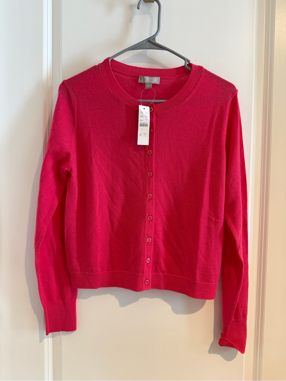 J. Crew Bright Pink Button-Up Merino Wool Crewneck Cardigan